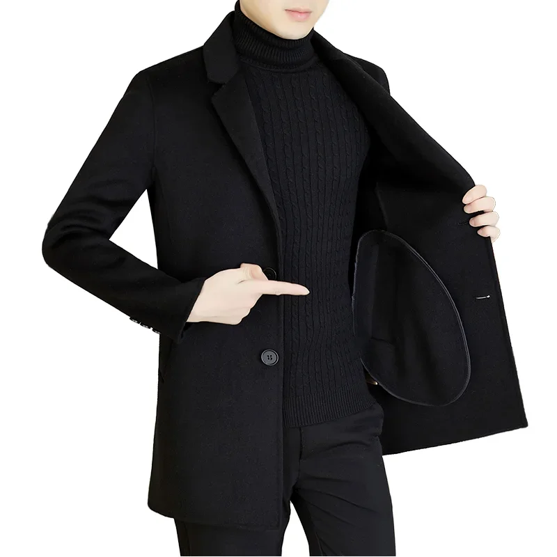 Men's Double-Sided Nylon Wool Coat Trendy Winter Jacket Medium Length Thickened Cashmere Cotton Windbreaker