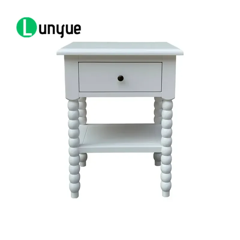 French Classic Luxury Antique Retro Solid Wood Bedside Table White Shuttle Core Nightstand for Bedroom Living Room Side Table