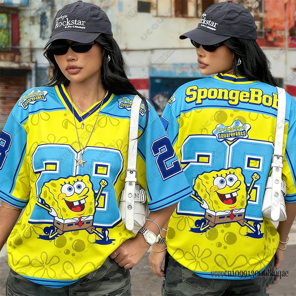 Camisetas con estampado de Bob Esponja para mujer, camisetas deportivas de manga corta con cuello en V y patchwork, estilo Y2K, holgadas y extragrandes para verano.