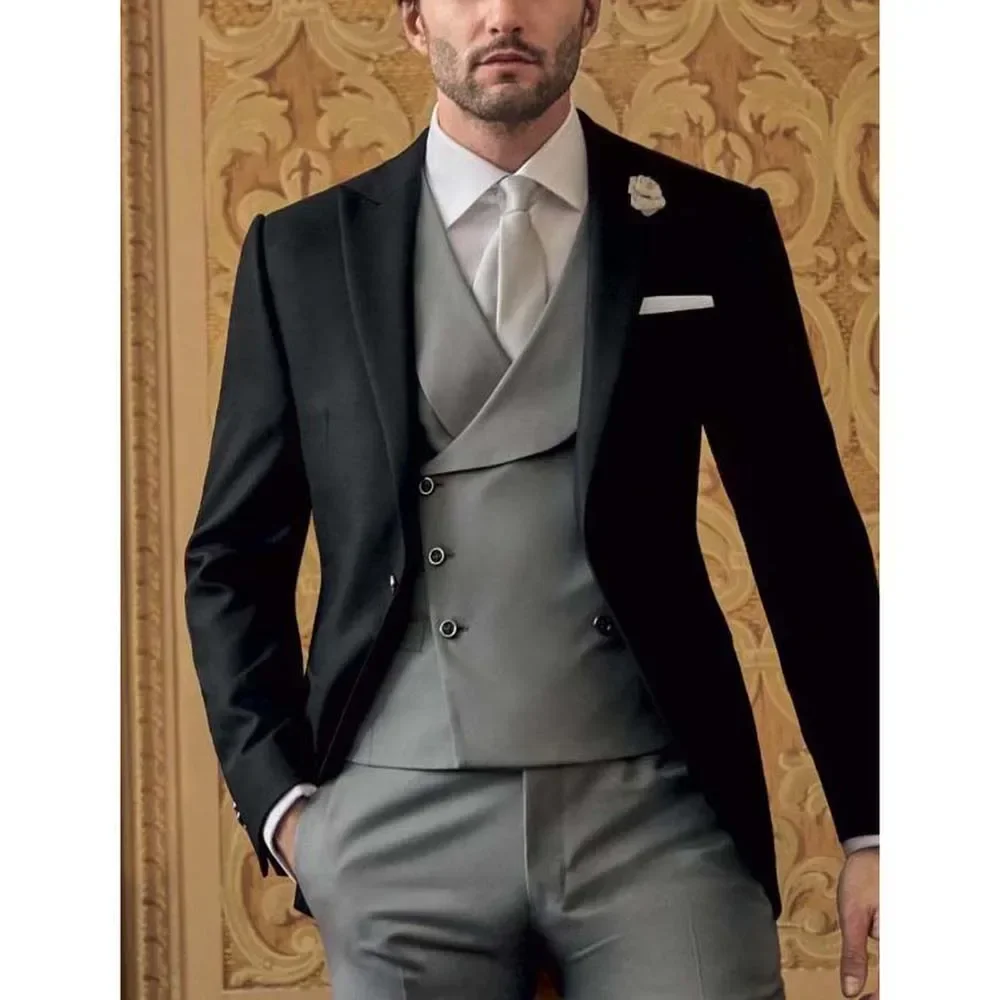 Full Men's Suit Slim Fit Fashion Peak Lapel Male Suit 3 Piece Formal Business Causal Groom Wedding Tuxedo (Blazer+Vest+Pants)