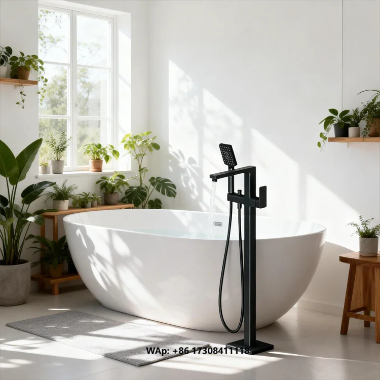 

Black Single Handle Modern Free Standing Hotel Use Brass Bathtub Mixer Faucet Ceramic Valve Core Floor Stand Shower Set 5 Year
