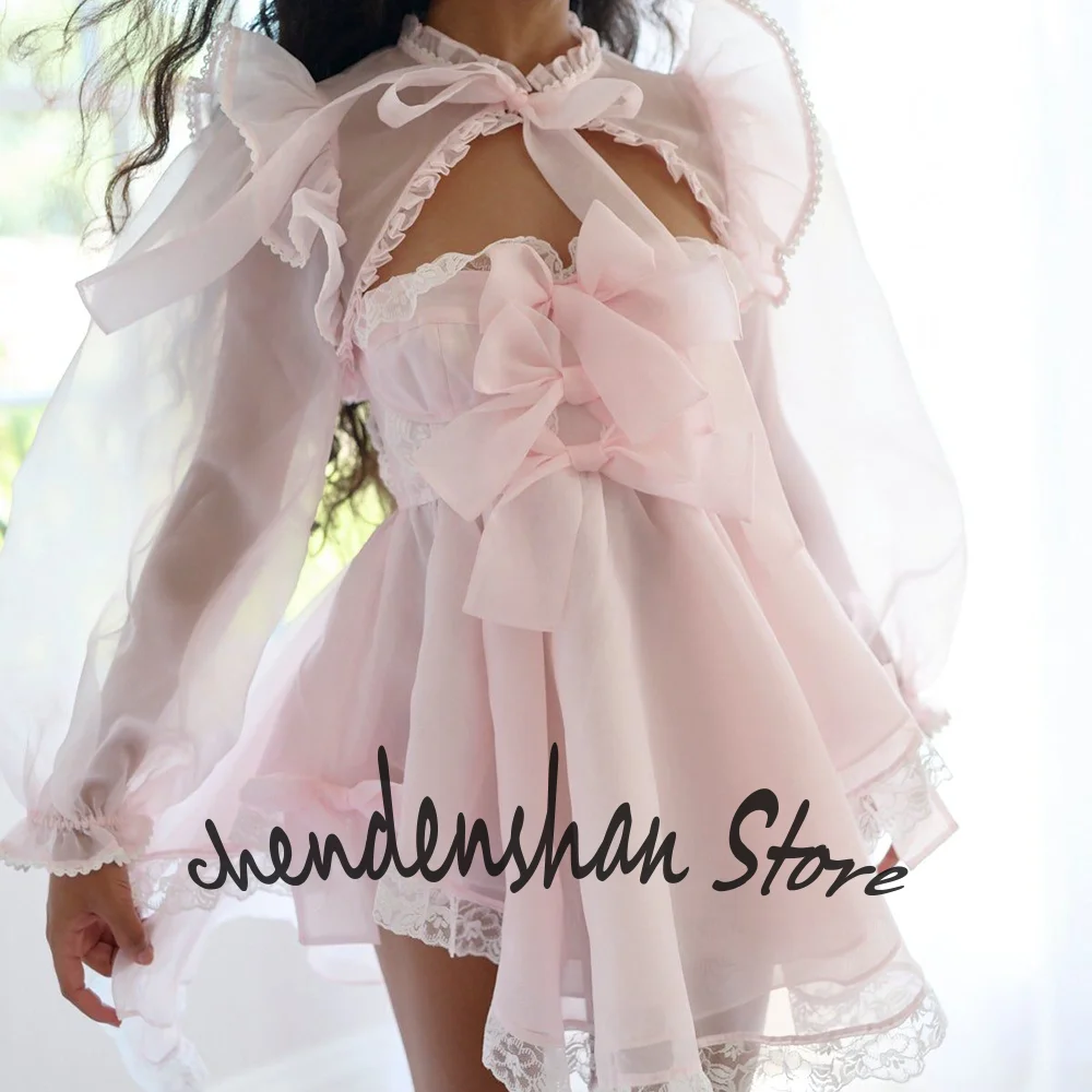 

Розовое прозрачное кружевное мини-платье с бантом на день рождения, иллюзия, милое вечернее платье в стиле Лолиты с длинными рукавами и вырезом Quinceanera