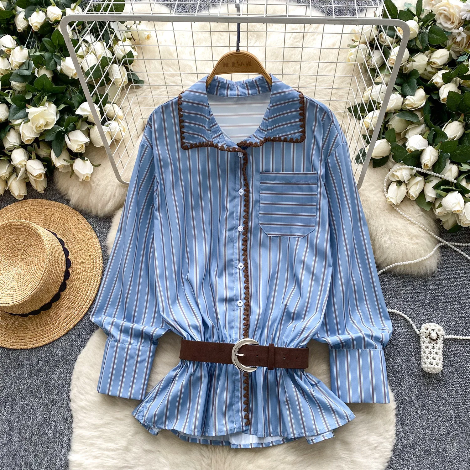 

Blouses Women Shirt Turn Down Collar Full Sleeve Tops Striped Y2k Streetwear Elegant Splice Shirts Work Casual High Waist 2025