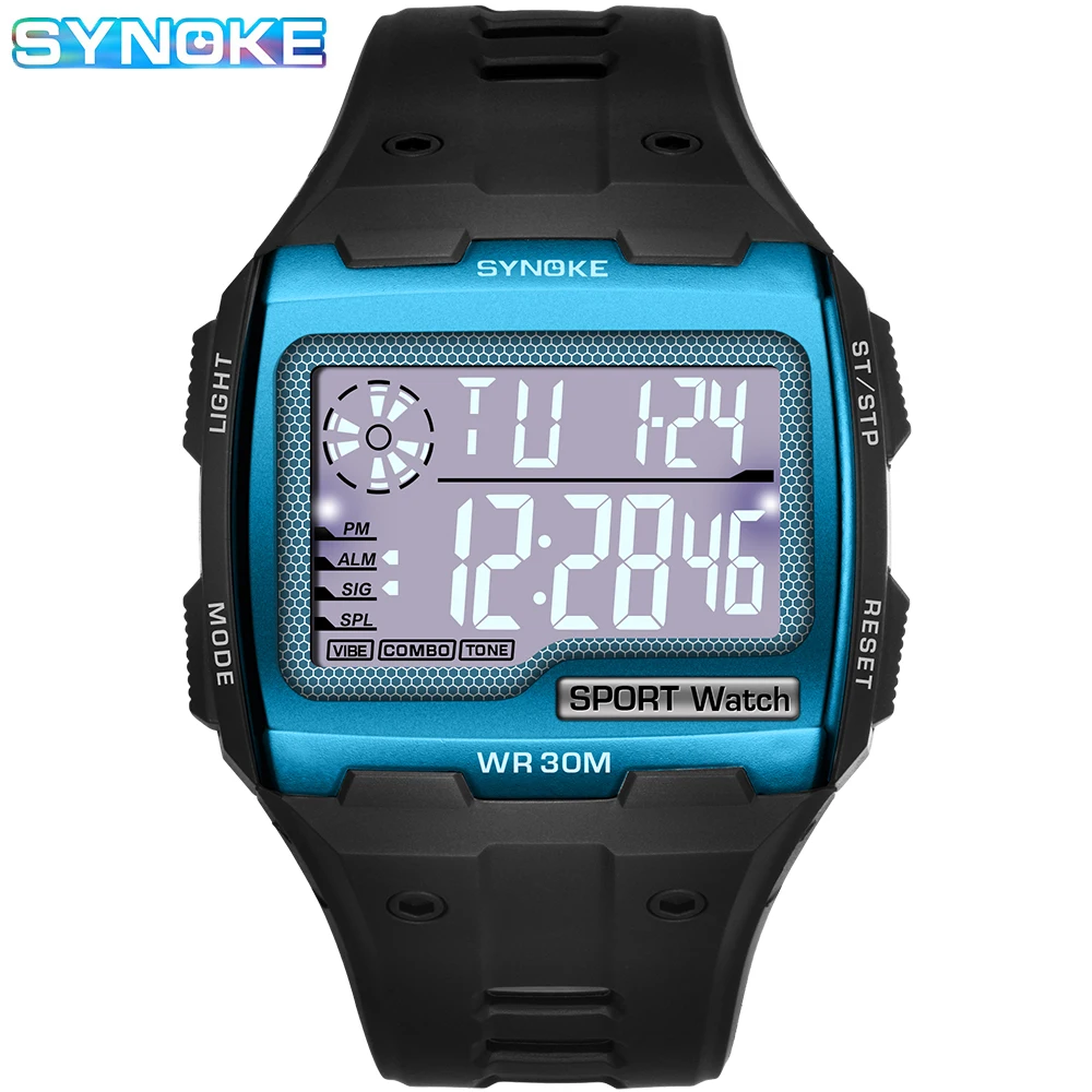 SYNOKE Men\'s Square Digital Watch Top Brand Electronic LED Wristwatch Waterproof Big Dial Men\'s Military Sport Watch Clock