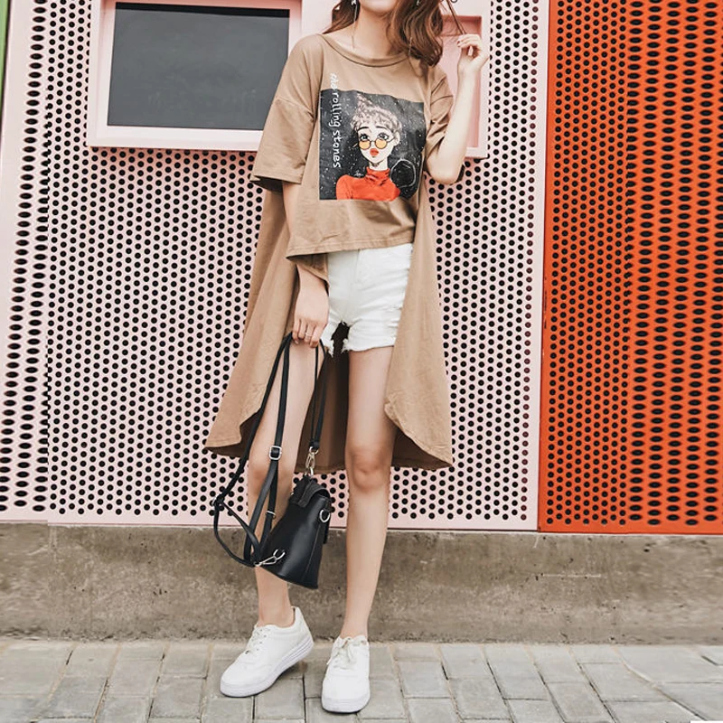 Street Casual Asymmetrical Loose Tops Summer New Printing Short Sleeve Solid Color Vintage T Shirts Fashion Trend Women Clothing