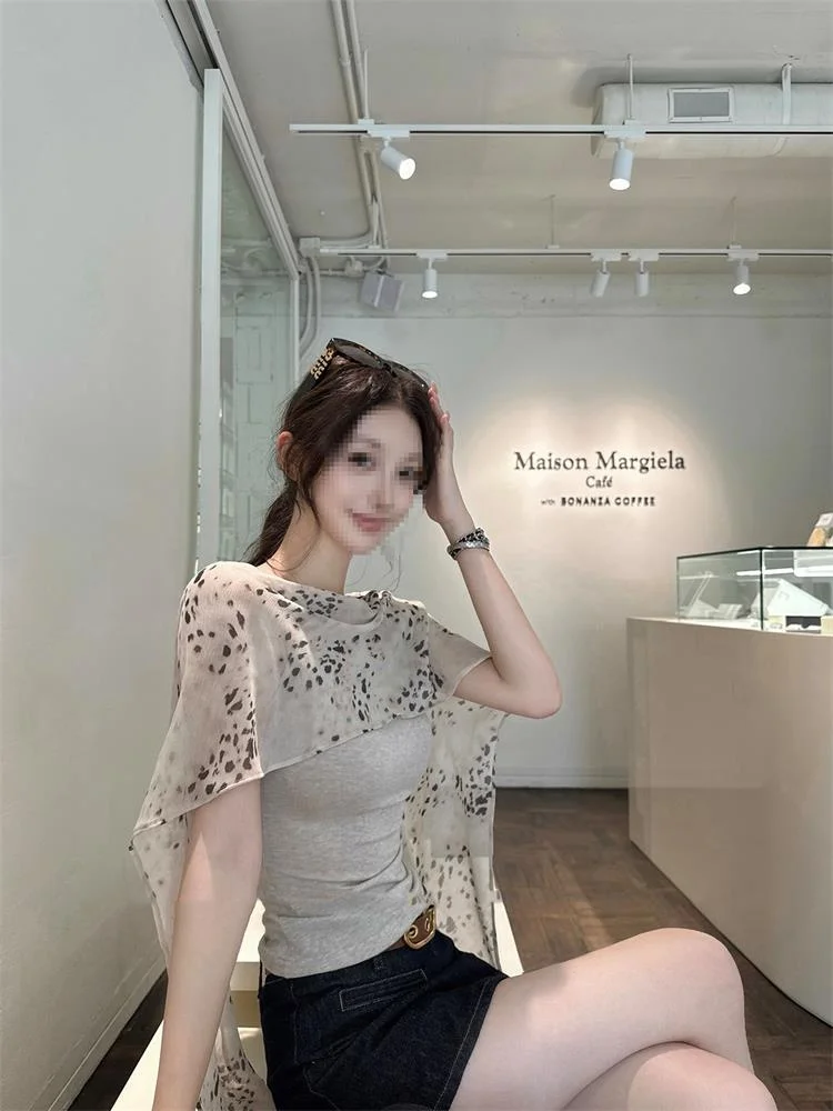 Summer Slim Fit Leopard Print Wrap T-Shirt Women's Short Sleeve High Waist Design False Two-Piece Style Korean Commute Fashion