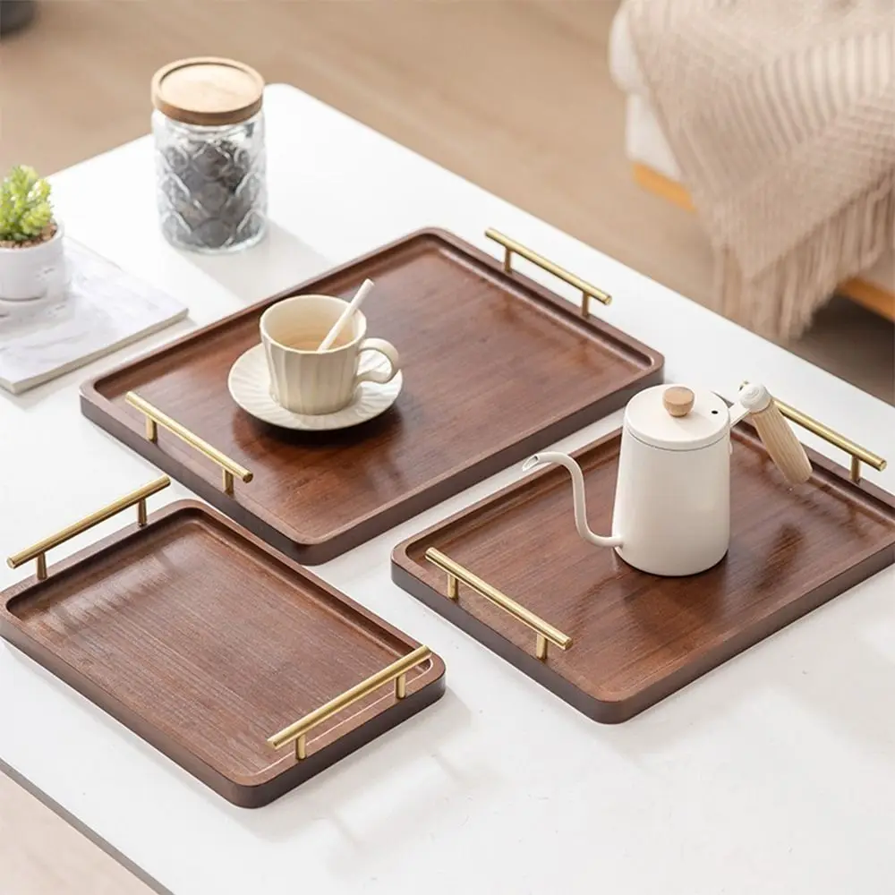 

Multi-Purpose Metal Handles Wood Serving Tray Vintage Rectangular Bamboo Tea Tray Chinese Style Decorative Tray Parties