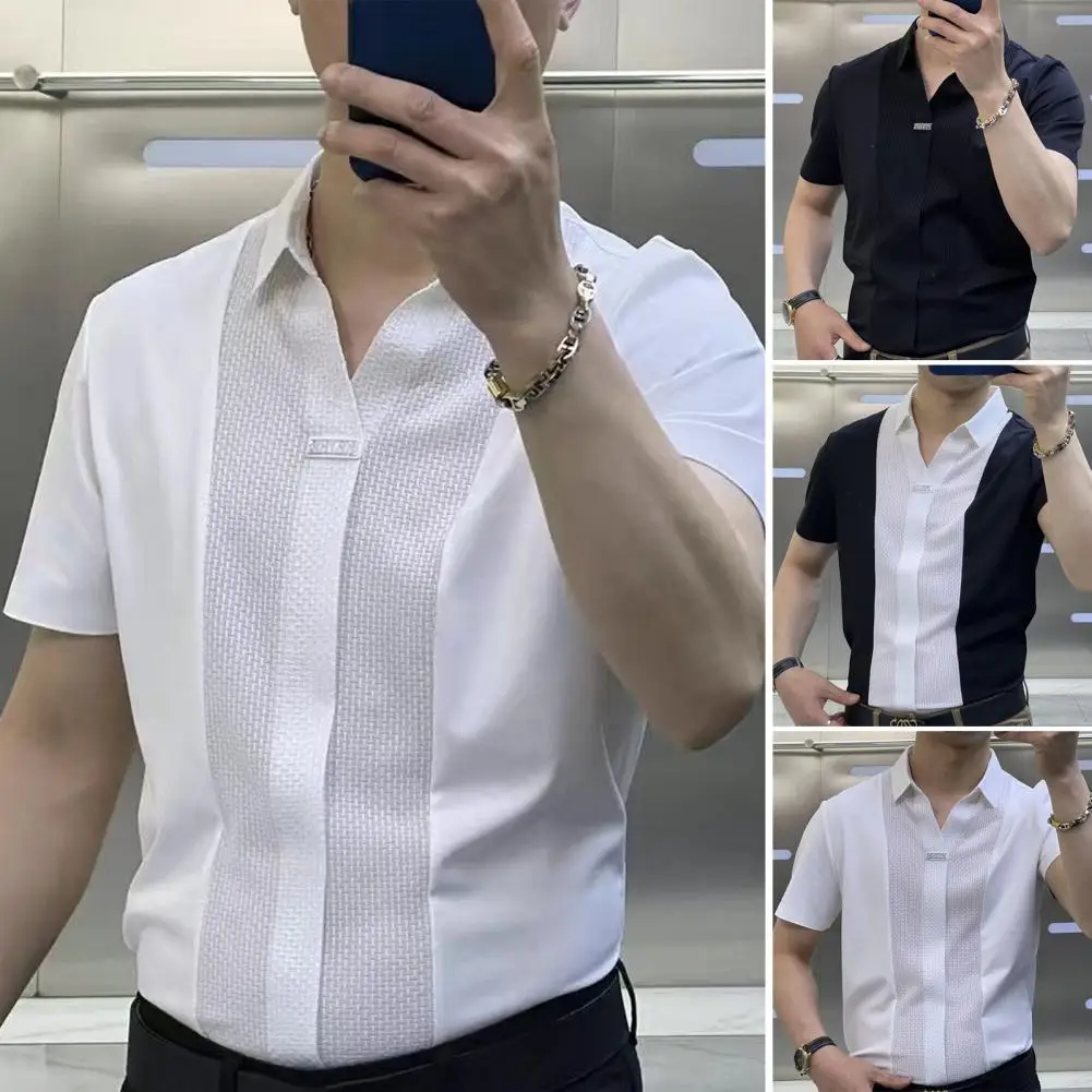 Men Short-sleeve Shirt Formal Business Style Men\'s Summer Shirt with Turn-down Collar Short Sleeves Slim Fit for Professional