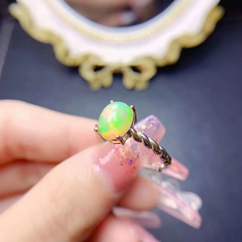 

6*8mm Natural Opal Woman Rings 925 Silver Gold Plated Beautiful Fire Color with 925 Silver