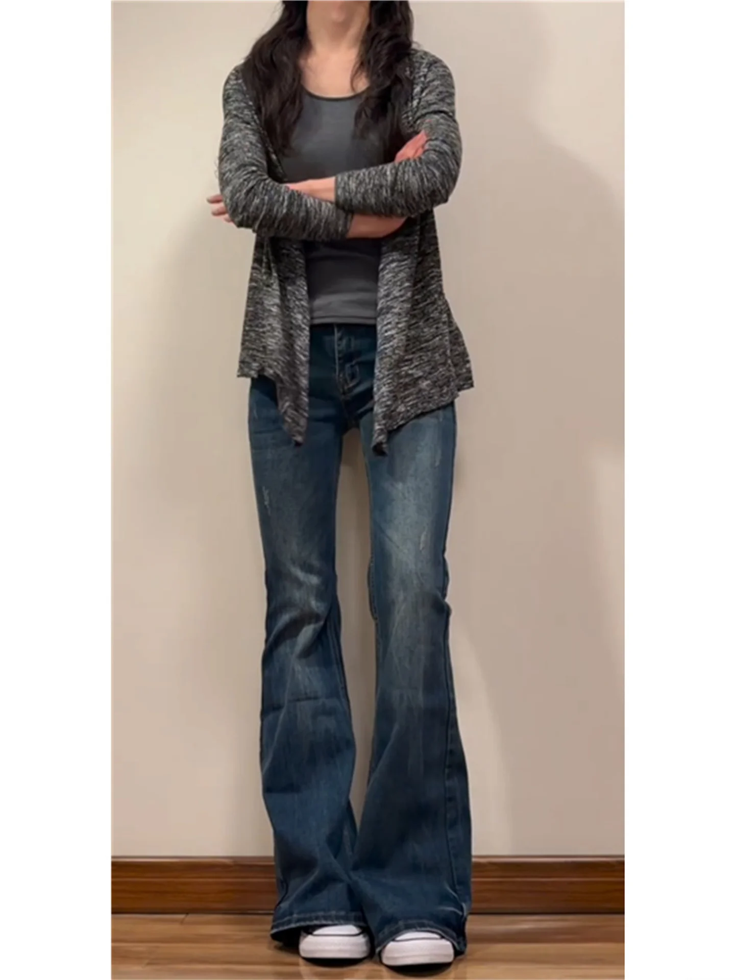 

Ретро-синие джинсы-клеш с низкой посадкой для женщин, весенние, облегающие, длинные, в пол, повседневные, из хлопка