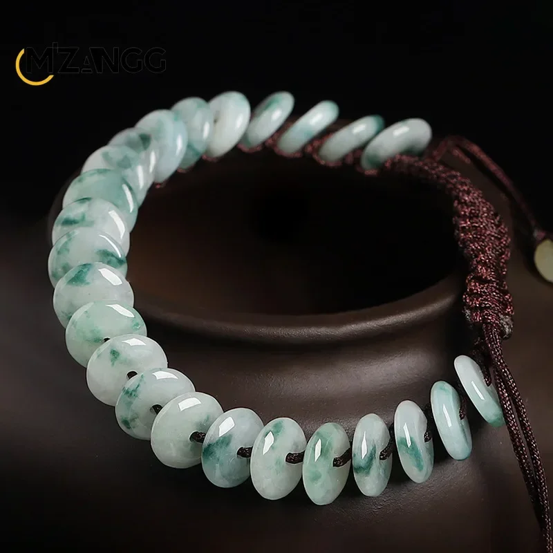 High-grade Hand-woven Natural Myanmar Jadeite Peace Buckle Hand Rope Ice Jade Bracelet Men's and Women's Fashion Jewelry