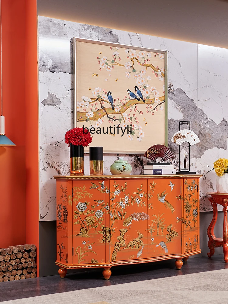 

European Style Painted Home Living Room Hallway Decoration Hall Cabinet Chinese Style Orange Flower and Bird Sideboard Cabinet