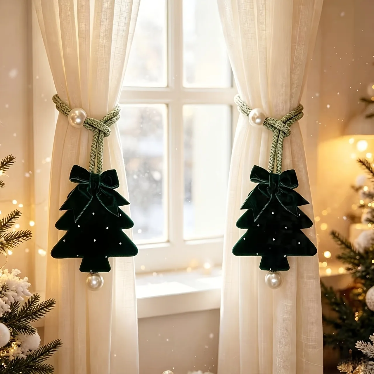 4/2 Piece Set of Velvet Bow Ties with Rhinestones for Christmas Tree Curtain Tiebacks, Suitable for Securing Curtains, Christmas Curtain Decorations, Halloween and Christmas Gifts
