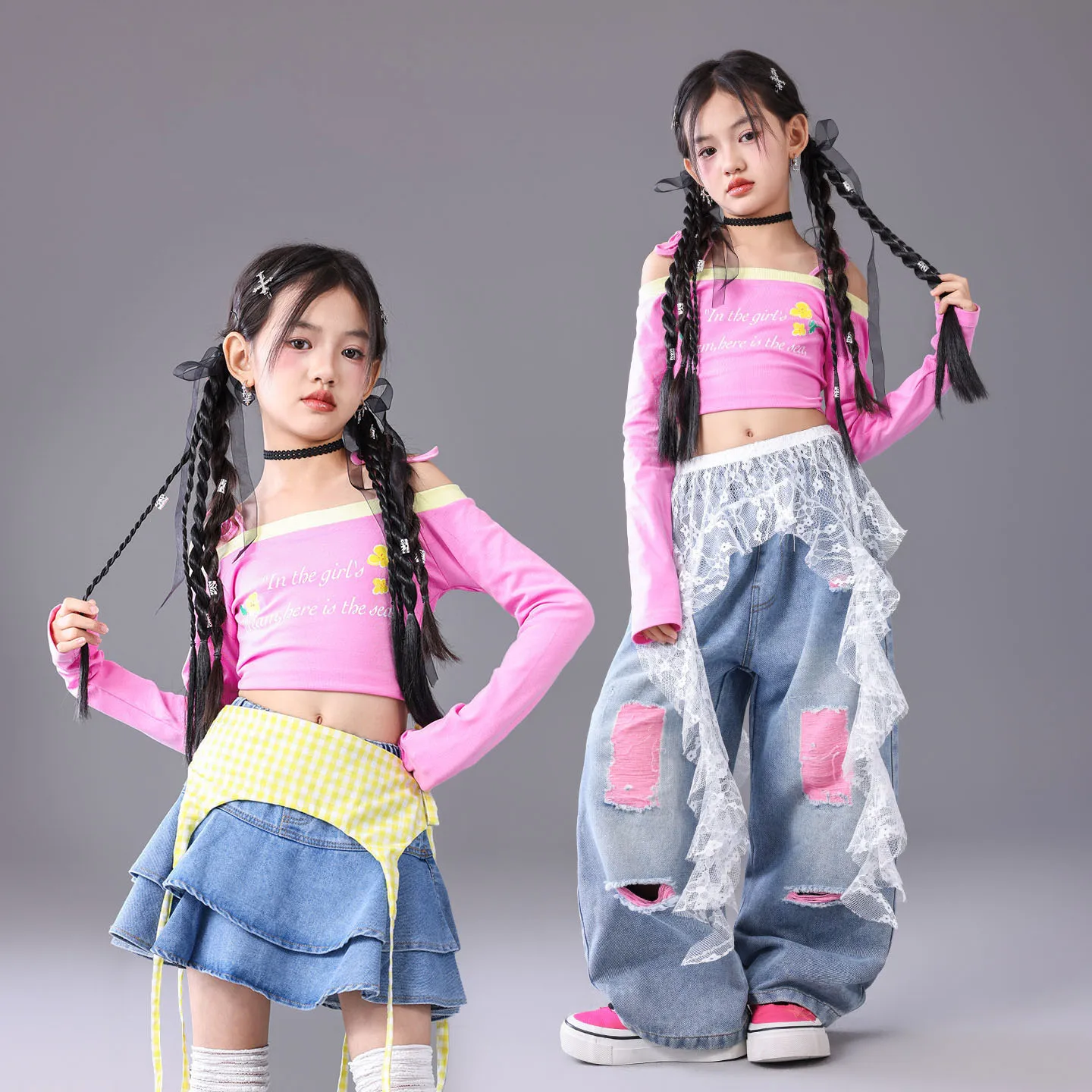 Kid Kpop Hip Hop Clothing Pink Boat Neck Crop T Shirt Denim Blue Layer Skirt Ripped Jeans Pants for Girls Dance Costumes Clothes view 4