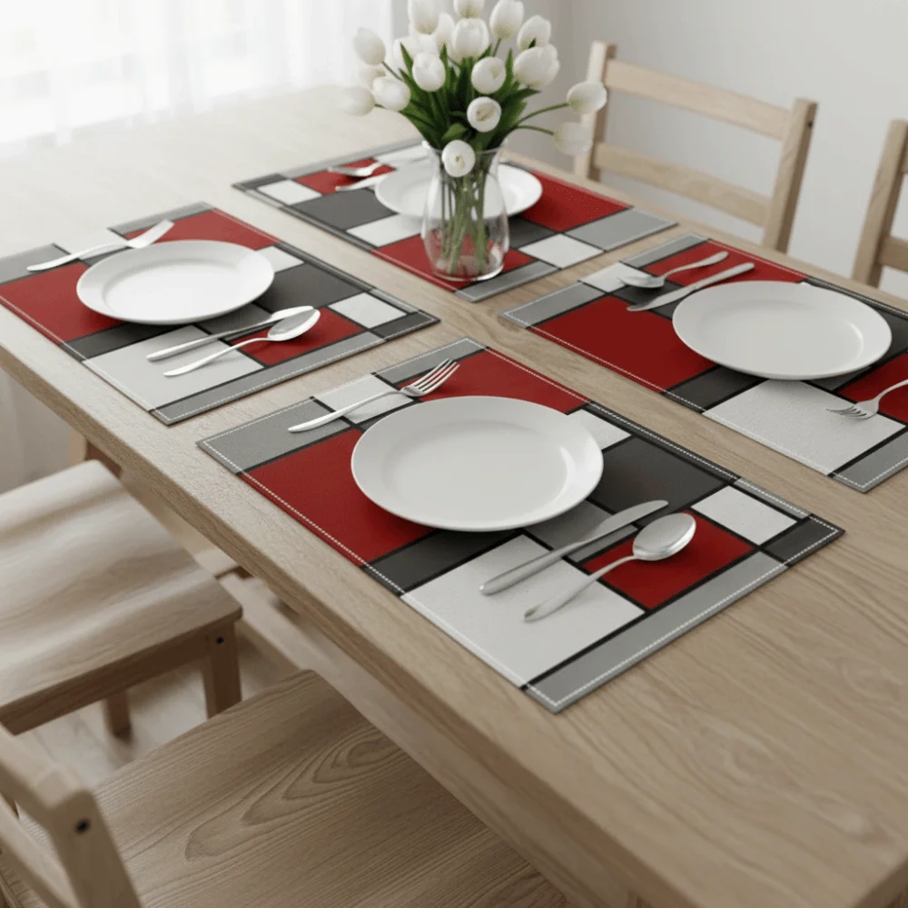 6 Piece Plaid Pattern Geometric Aesthetic Placemat Waterproof Linen Insulated Dinning Mat Rectangular Heat-resistant