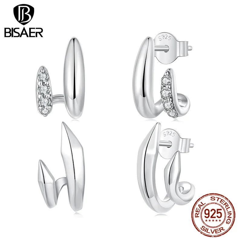 

BISAER стерлингового серебра 925 пробы геометрические двухслойные серьги-гвоздики, металлические гипоаллергенные модные серьги-гвоздики для женщин ювелирные изделия в подарок