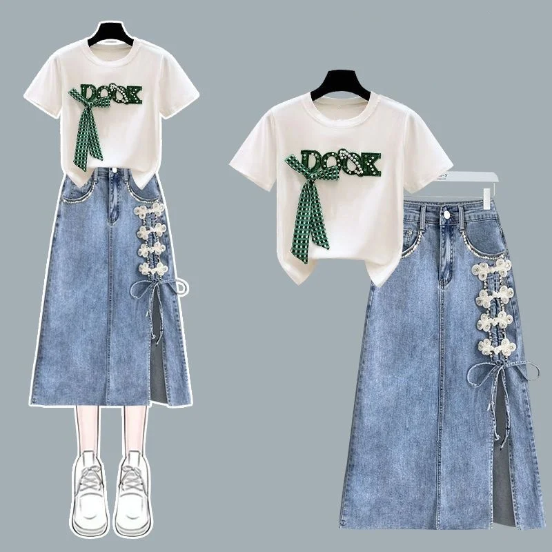 

Women's Summer Fashion Bowknot Letter T Shirts Split Denim Midi Skirts 1 or Two Piece Set Lady White Short Sleeve Top Jeans Suit
