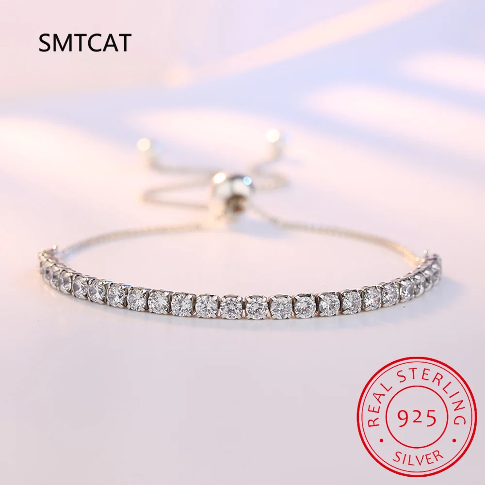 925 Sterling Silver Sparkling Strand Bracelet Women Link Tennis Bracelet Silver Jewelry 3 Colors SCB029