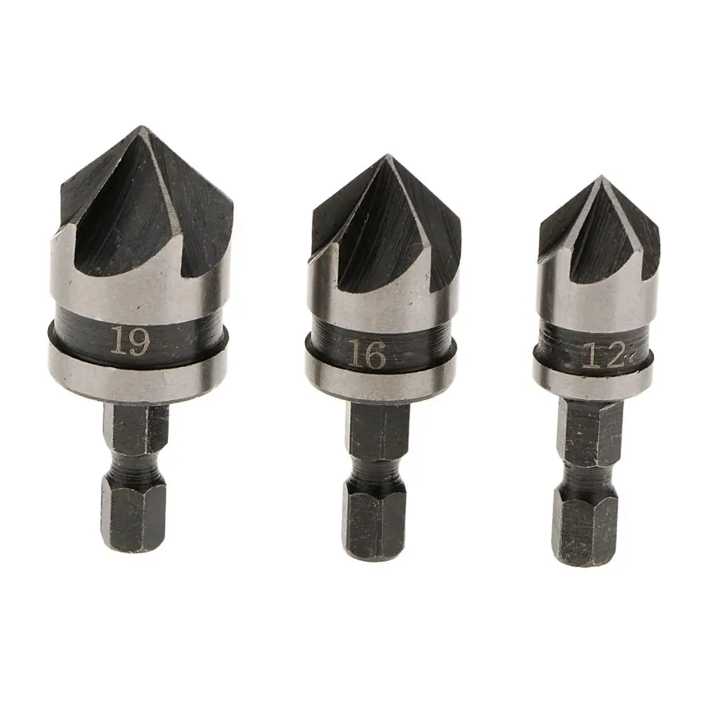 

Set of 3 Countersink Drill Bits 12mm 16mm 19mm Bit Set for Speed Woodworking