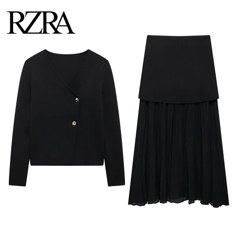 RZRA2024 new autumn and winter women\'s asymmetrical V-neck long-sleeved slim knitted jacket knitted pleated splicing skirt