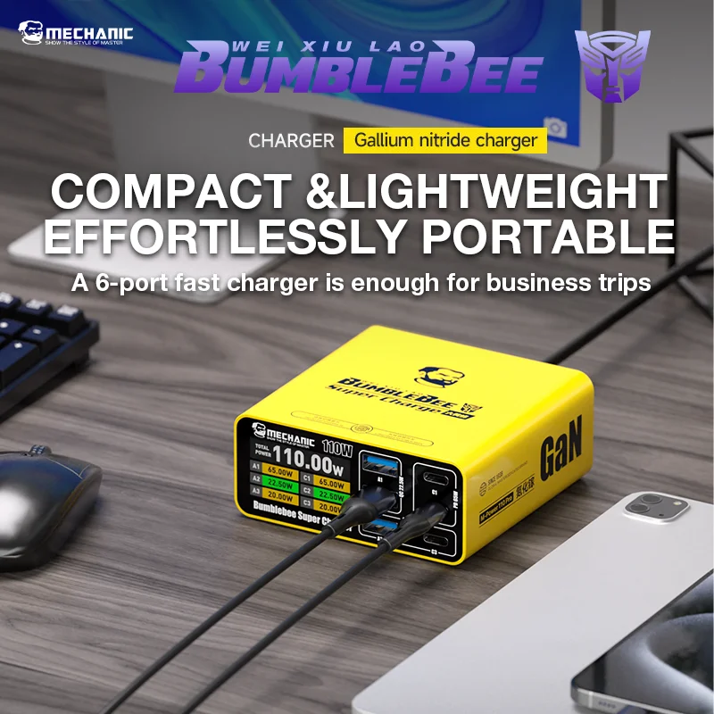 MECHANIC Bumblebee 110W GaN Charger 6 Port USB C PD Fast Charger Station for Phone Laptop Switch
