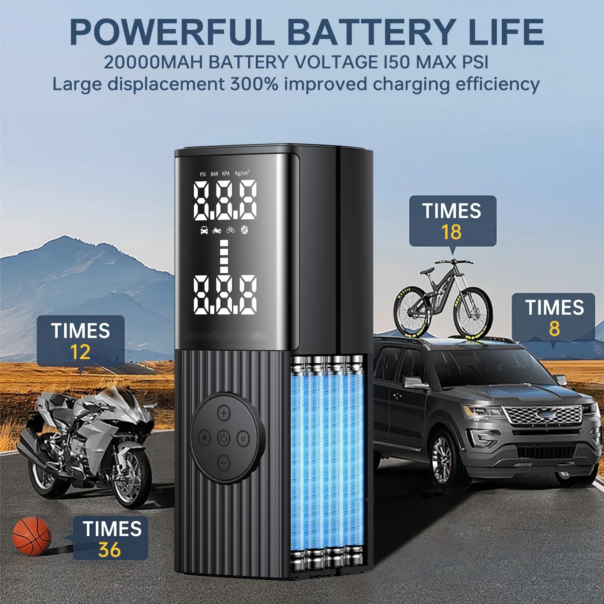 Tire Inflator Portable Air Compressor - 20000 mAh Rechargeable Air Pump -150 PSI Tire Inflation, Accurate LCD Display/Light,3X F
