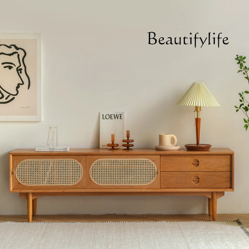 

Retro Simple Solid Wood TV Cabinet Nordic Modern Rattan Audiovisual Cabinet