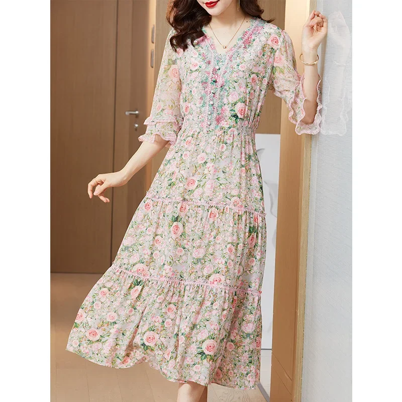 Office Lady Pink Dress Summer Women Clothing Fairy Slim Floral Dress Elegant Real Silk Dress For Women Vestidos Zm