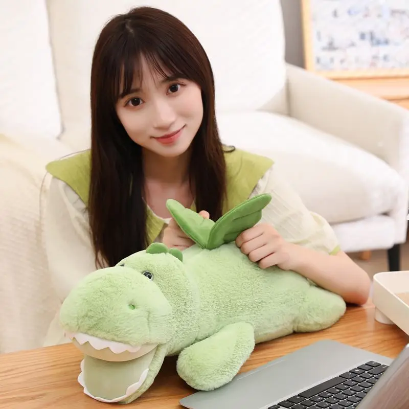 New Little Flying Dragon Green Pillowcase Doll Long Pillow Plush Cushion Backrest Toy Cute Green Little Dinosaur Doll Girl