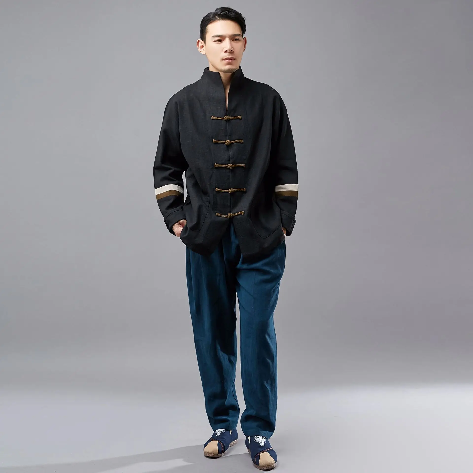 

New Spring Men's Ethnic Style Top Long Sleeve Large Hemp Flowers Sleeve Clothes