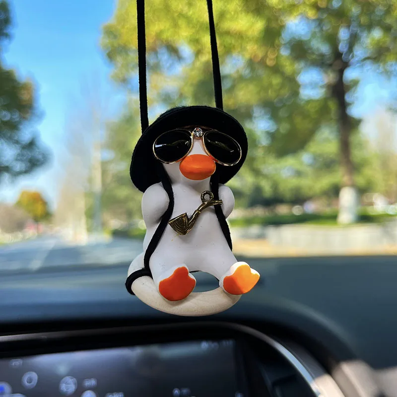 Anime Duck Car Interior Decoration Cute Gypsum Swing Duck With Pipe Glasses Auto Rearview Mirror Pendant For Car Accessories