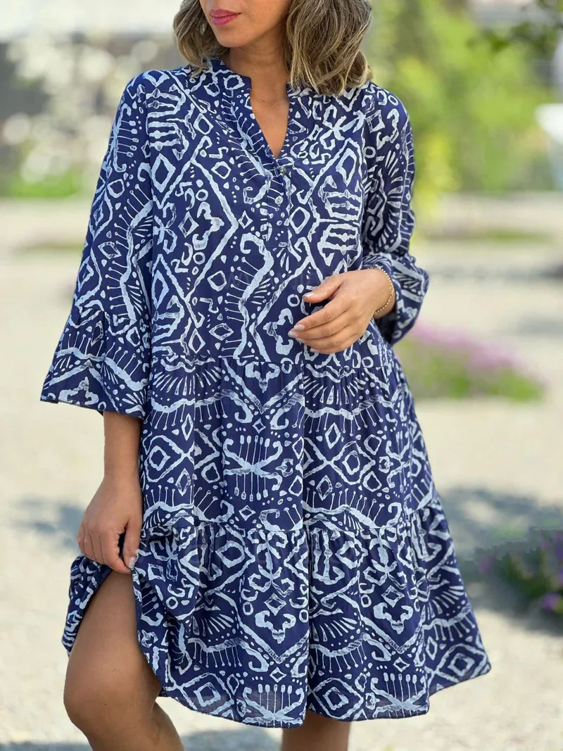 Summer Women's Loose Dress V-neck Button Pullover Flared Sleeve Vacation Fashion Casual Splicing Elegant Beach Midi Skirt