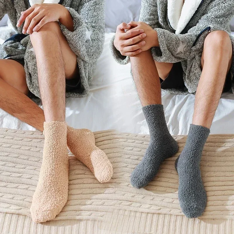 1/3Pairs Winter Men\'s Fleece Socks Thermal Coral Fleece Pure Color Warm Thicken Soft Mid-tube Floor Home Sleep Socks for Women