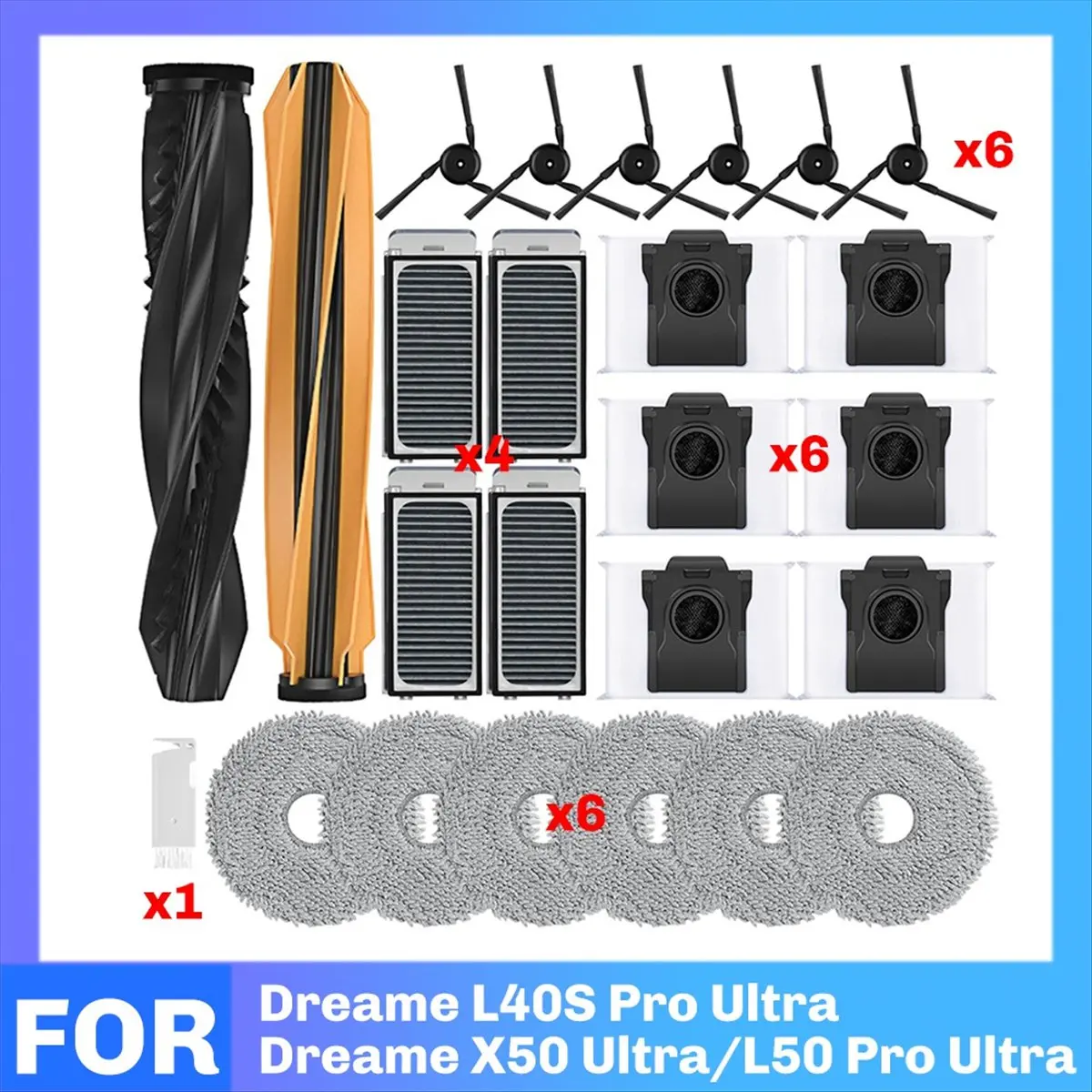 

Запчасти для X50 Ultra/L50 Pro Ultra/L40S Pro Ultra: основная и боковые щетки, фильтры, салфетки для влажной уборки, мешки для сбора пыли [mriae Parts]