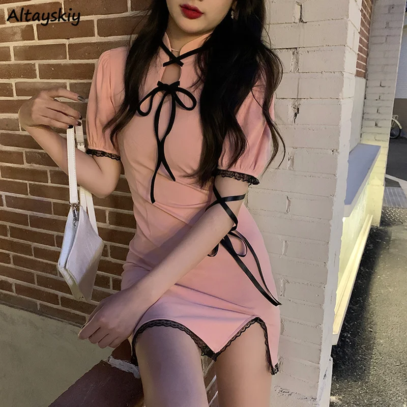 

Short Sleeve Dresses Women Bandage Side Slit Daily New Chinese Style Elegant Mini Summer Design Trendy Casual Sweet Lovely Girls