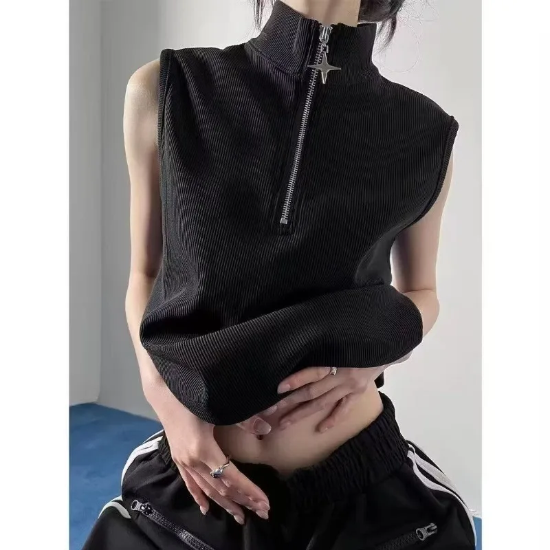 Bisex Drak Black V Neck Vest Men Women Ziplock Pullover Korean Street Y2K Fashion Summer Motorbike Sleeveless Tops
