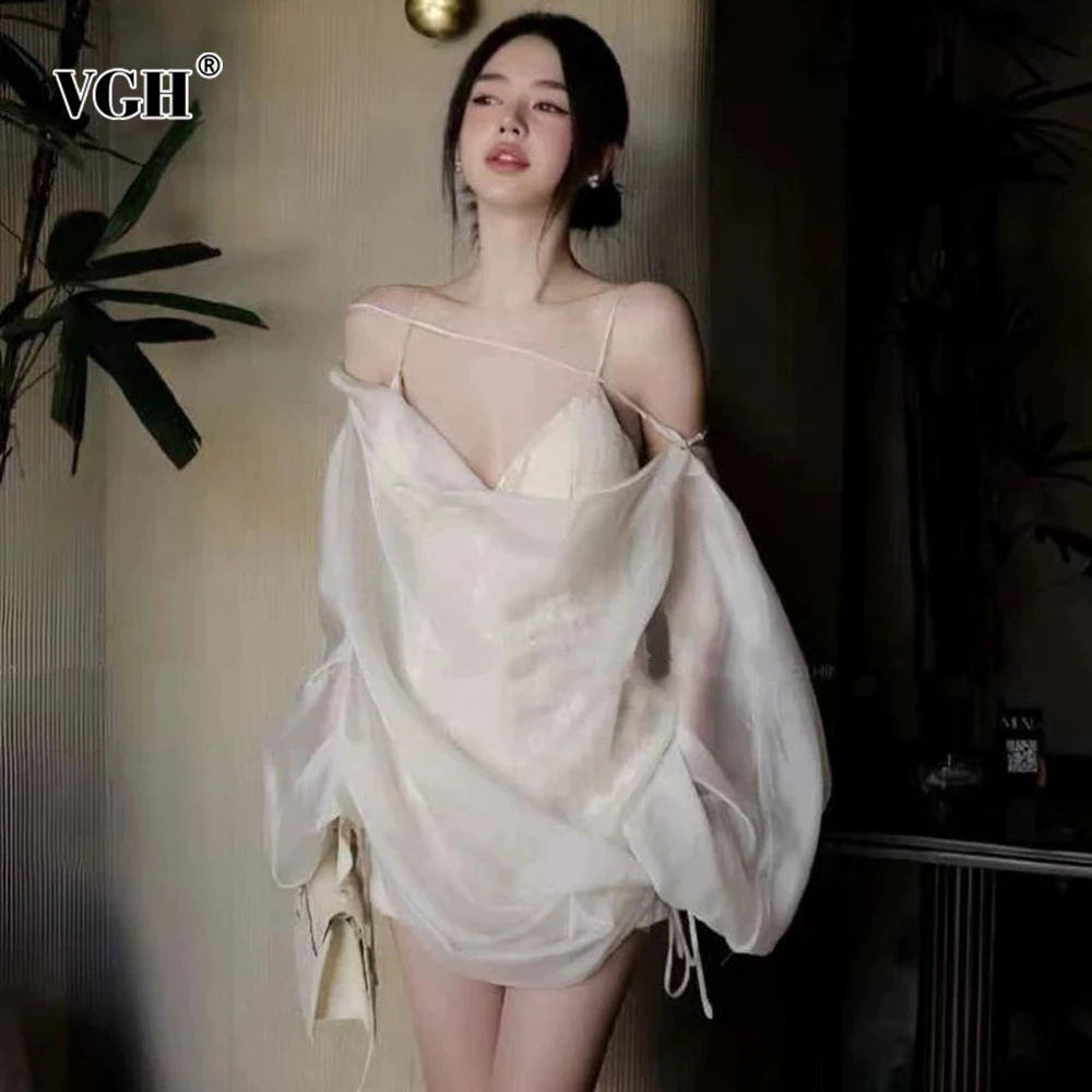 

VGH Elegant Solid Two Piece Sets For Women Diagonal Collar Long Sleeve Coat Slimming Jumpsuit Casual Set Female Fashion Style