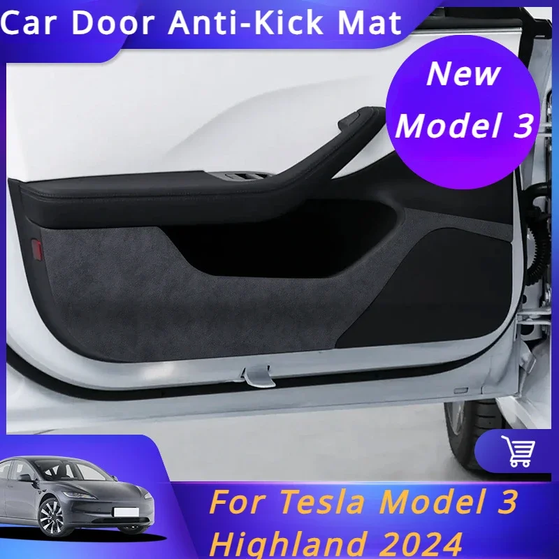 For Tesla Model 3 Highland 2024 Car Door Anti Kick Pad Suede Door Panel Protective Stickers Auto Doors Anti-Dirty Trim 4Pcs/Set