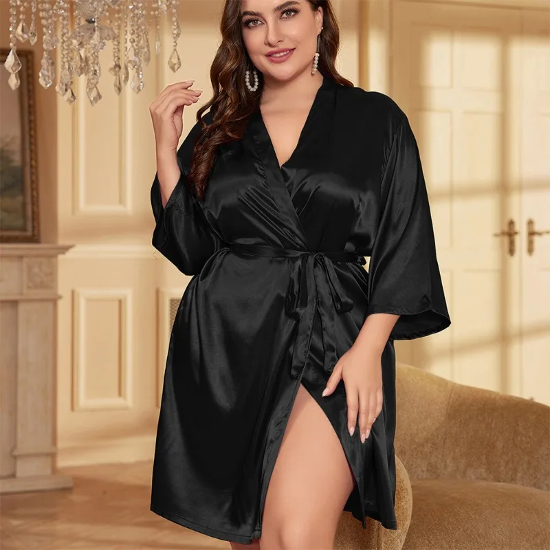 

XL-5XL Plus Size Womens Satin Kimono Robes Short Silky Bathrobe Solid Elegant Bridesmaid Wedding Party Nightgown Loose Sleepwear