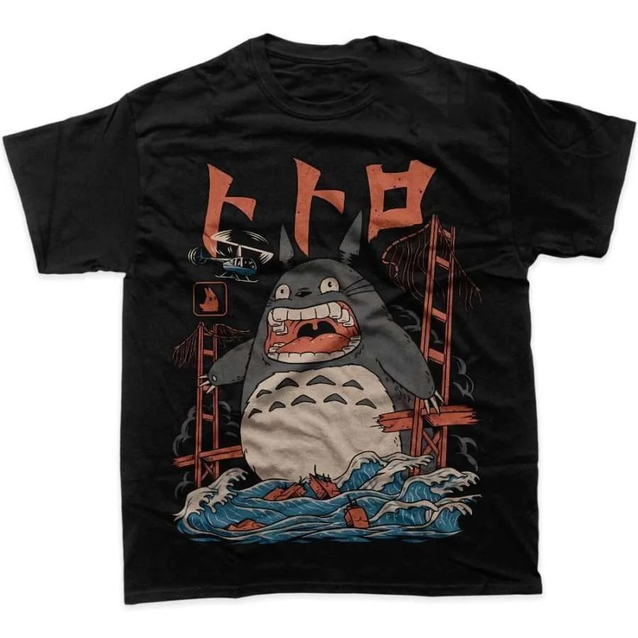 Japanisches Retro-Rampage-Totoro-Anime-T-Shirt aus Baumwolle, neutral, trendig, groß, locker, sportlich, für den Alltag, kurze Ärmel – Detail 4