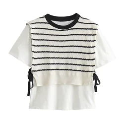 Zatra 2024 Spring and Autumn Women's New Fashion Versatile Round Neck Spliced Lace Stripe Top