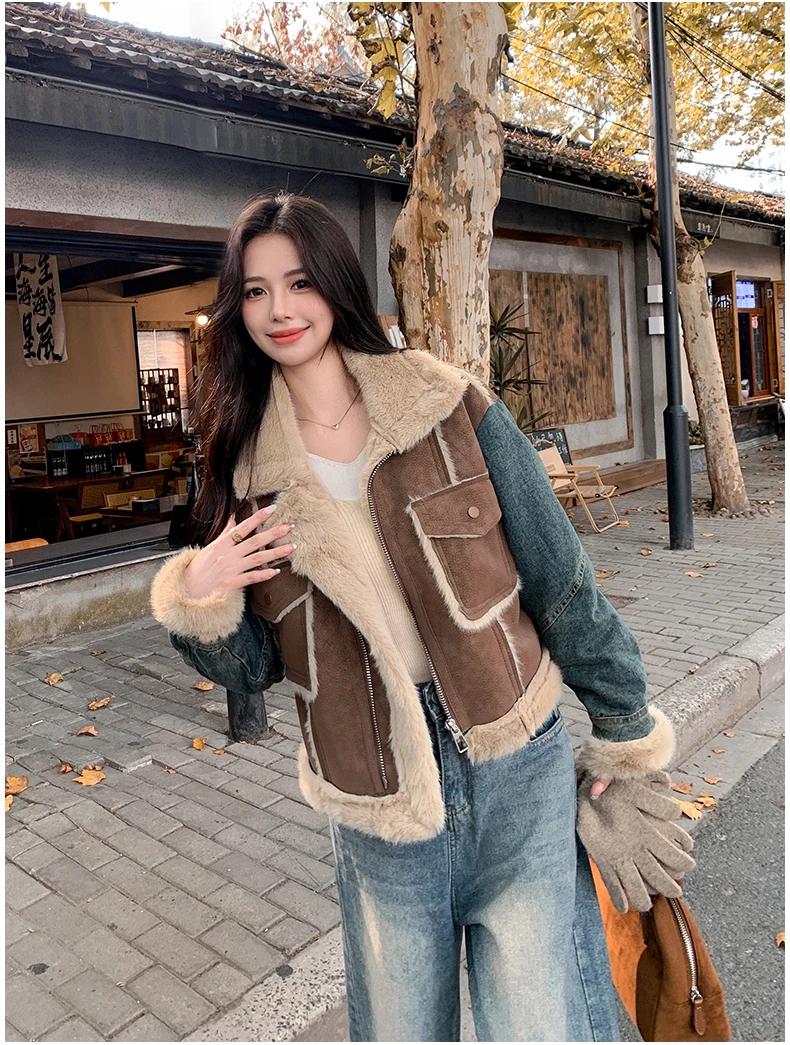 Winter Sheepskin Fur Thicken Parka Jacket Shearing Sheep Velvet Spliced Denim Jacket for Women New Warm Velvet Fur Overcoat