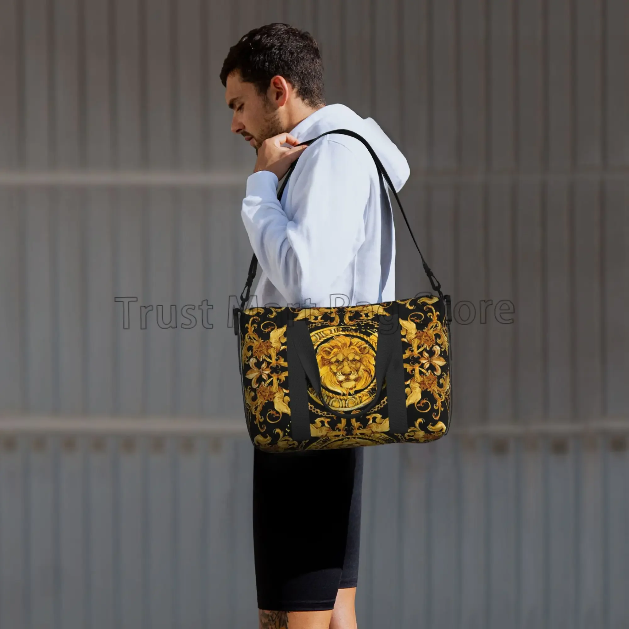 Bolsa de lona de viaje con patrón barroco de león dorado, personalizada, Weekender, con correa para el hombro, Unisex, deportes, gimnasio, bolsa de