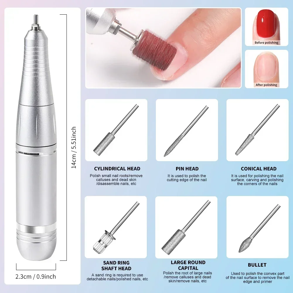 45000RPM Professional Portable Nail Drill Cordless Low Noise Nail Filer Electric Machine With Efile Bits  Base For Acrylic Nails