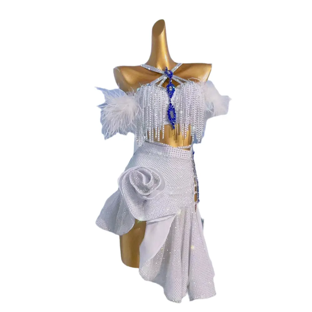 Danse latine scène internationale femmes haut de gamme personnalisé cuit à la vapeur Rlls diamant jupe Samba strass robe
