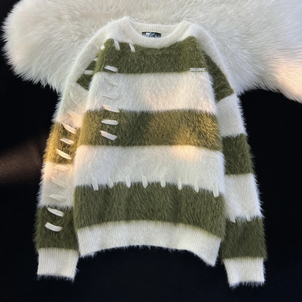 Soft Sticky Mink Fur Wide Striped Sweater For Women's Autumn Winter New Style, Lazy And Stylish Design, Furry Jacket