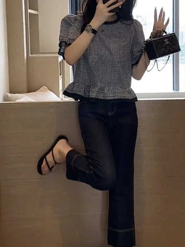 plus Size Women's irt Summer 2025 Plaid ort Sve Loose Belly Cover Sli Commute Korean Sle Bubble Sve Regular L...