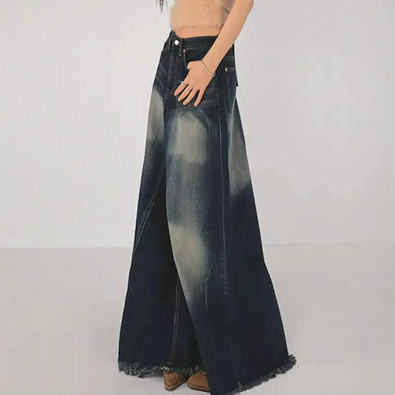 Rok Denim Fishtail rok panjang wanita High-waist Retro Amerika Distressed rok panjang pelangsing ramping gadis panas rok A-Line