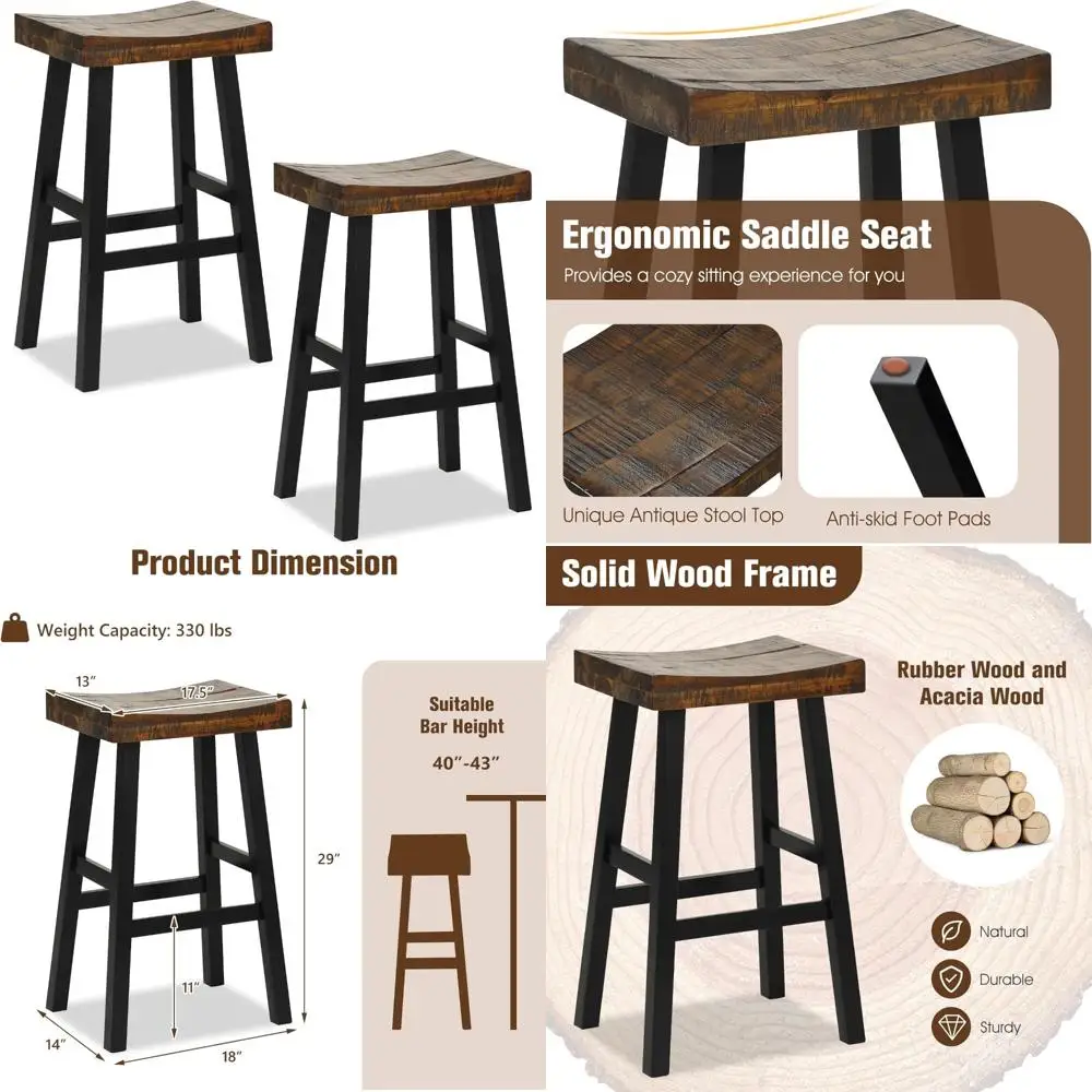 مجموعة مكونة من 2، 29 مقعدًا بارًا على شكل سرج، وكراسي بدون ظهر بإطار خشبي ومسند للقدمين