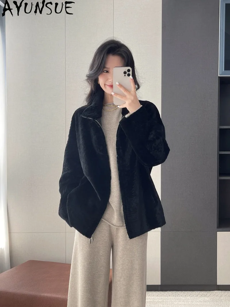 AYUNSUE Womens Merino Genuine Shearling Lamb Fur Coat Female Winter Clothes Luxurious Short Length Clothing fur jacket fashion